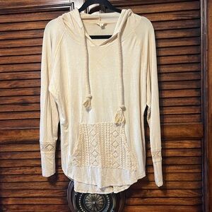Pol lightweight soft beige Bohemian style crochet lace hoodie. Women’s Sz Small